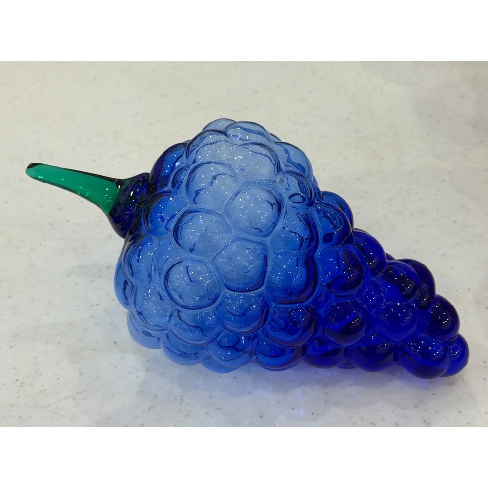 Hand blown Glass Grapes Mid Century Cobalt Blue 8.25" Fruit Art - Picture 7 of 9